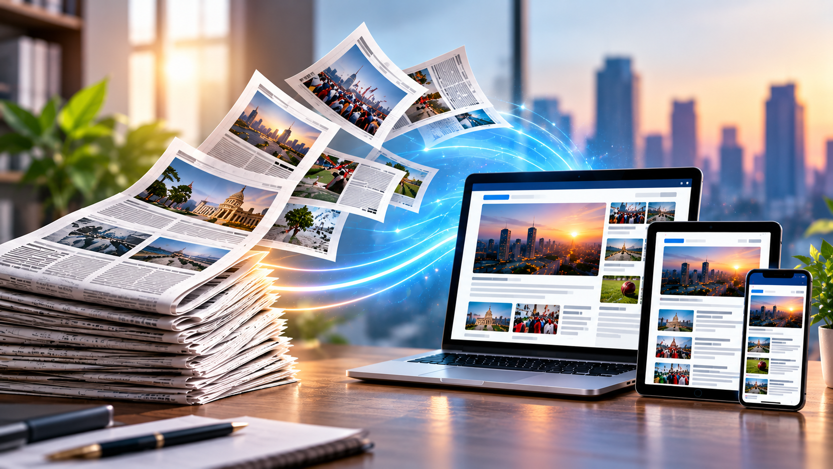 A printed page transforming into a digital CMS screen